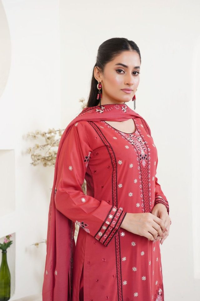 Coral Red Embroidered Kurti Set